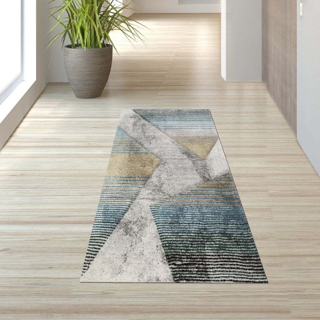 Teppich Muster gestreift mehrfarbig grau blau gold Größe - 80 x 150 cm