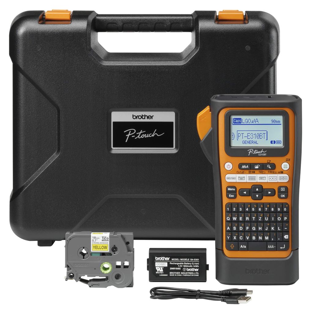A Brother P-Touch PT-E310BTVP label maker kit is displayed, including the label maker, a carrying case, a label tape cartridge, a battery pack, and a USB cable.