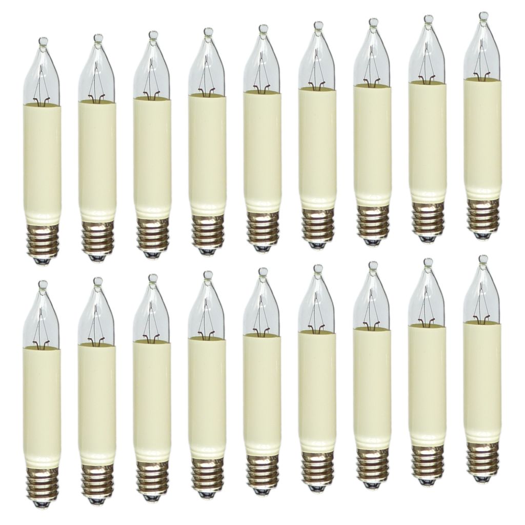 A collection of small, candle-shaped light bulbs arranged in rows against a white background.