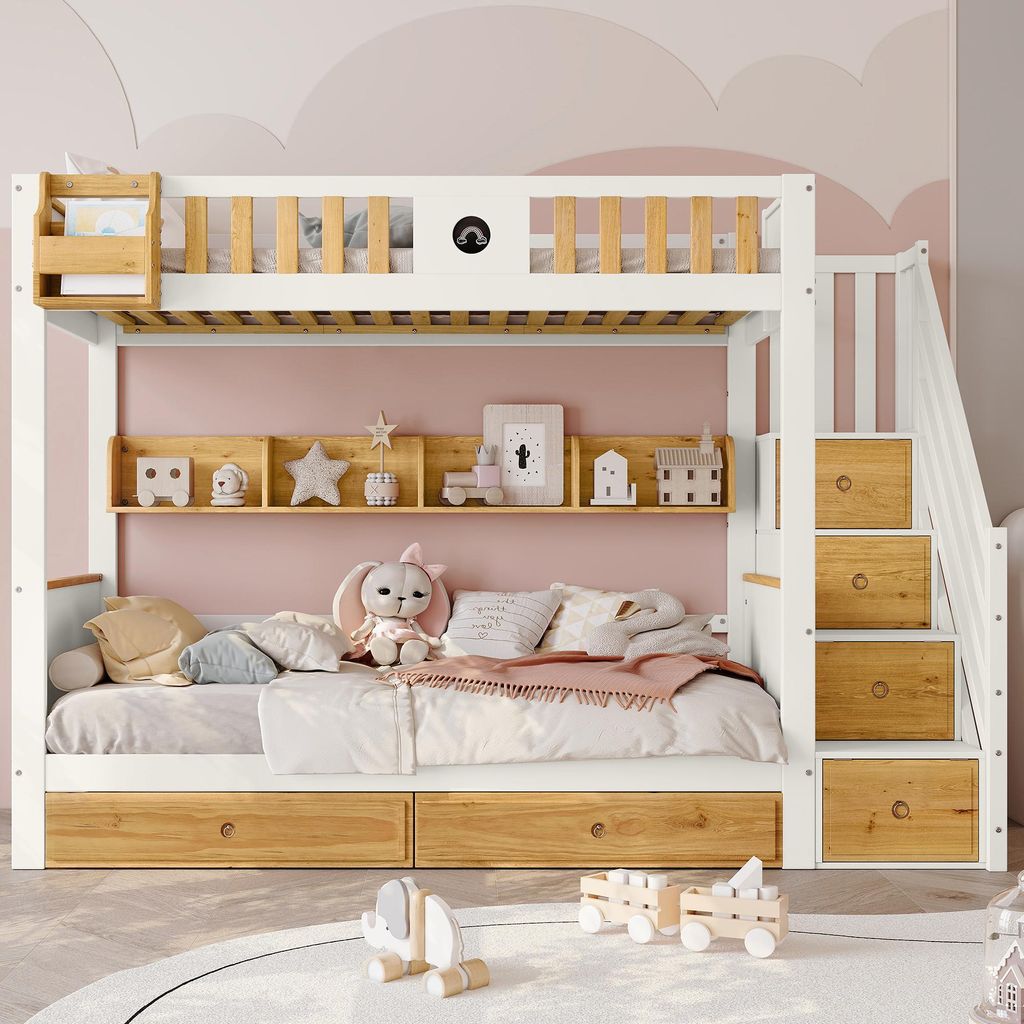 Sweiko Etagenbett, Reichlich Stauraum, Rahmen aus Kiefernholz und MDF, Kinderbett mit 4 Schließfächer in der Treppe, mit Fallschutzgitter und 2 S...