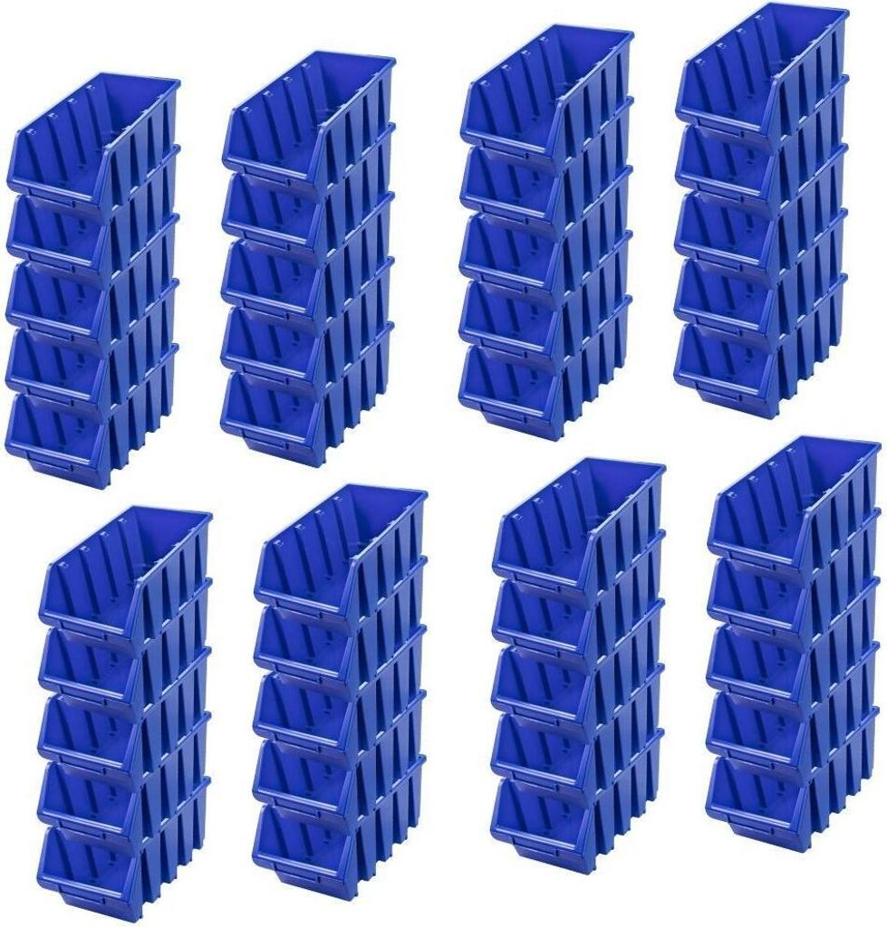 A collection of blue storage bins stacked in columns against a white background.