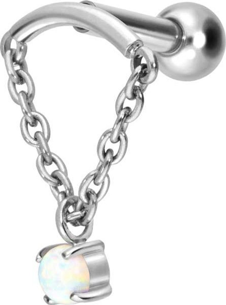 Ohrpiercing Titan Ohrpiercing mit Innengewinde BOGEN + KETTE + SYNTHETISCHER OPAL Silber Stablänge: 8mm