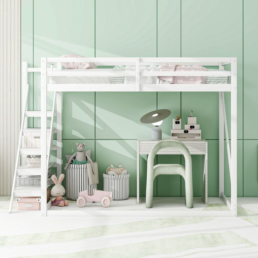 okwish Kinder-Hochbett 140x200 Jugendbett mit Sicherheitsleiter, Massivholz-Bettgestell mit Lattenrost,Bettrahmen ohne Matratze (Weiß)