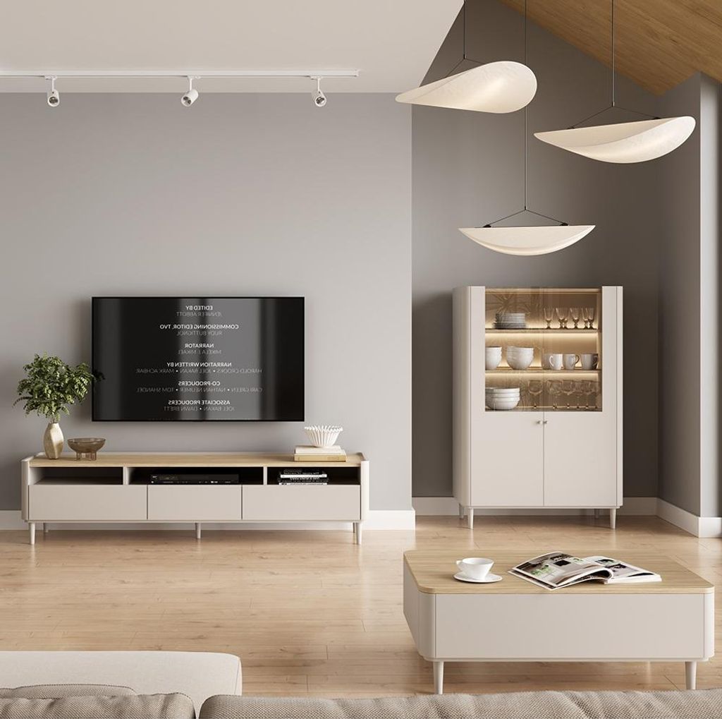 Wohnzimmer Set in Beige mit Eiche, mit Couchtisch, 200 cm Lowboard, Vitrine inkl. Beleuchtung, 3-teilig - ELOY-141