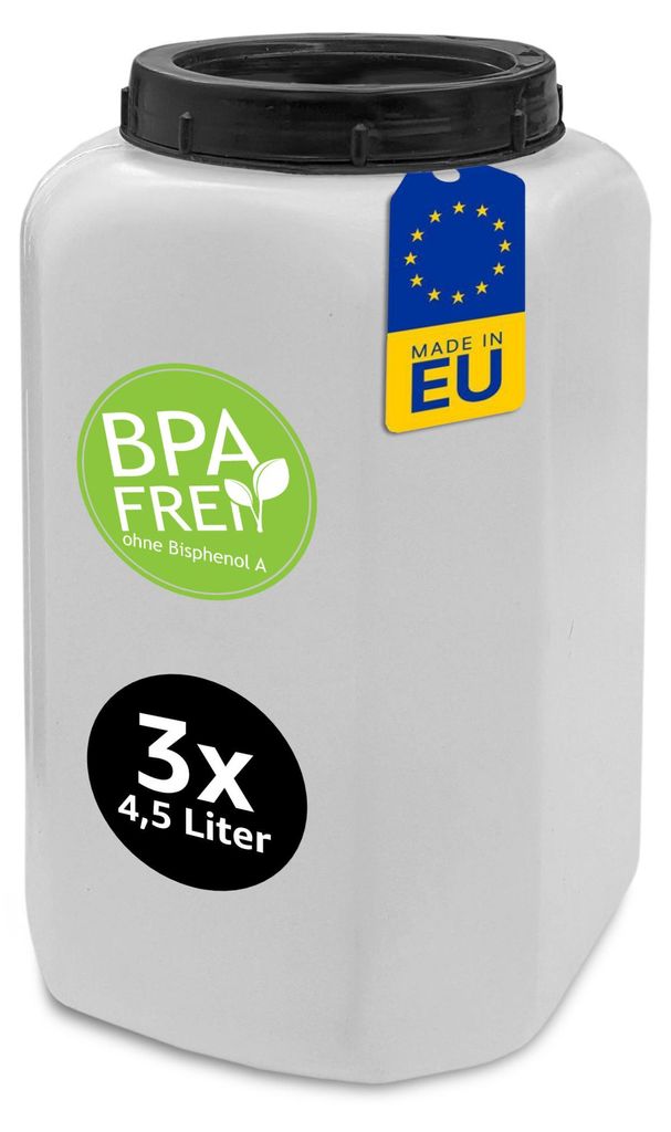 A white plastic container with a black lid, featuring several labels and stickers.