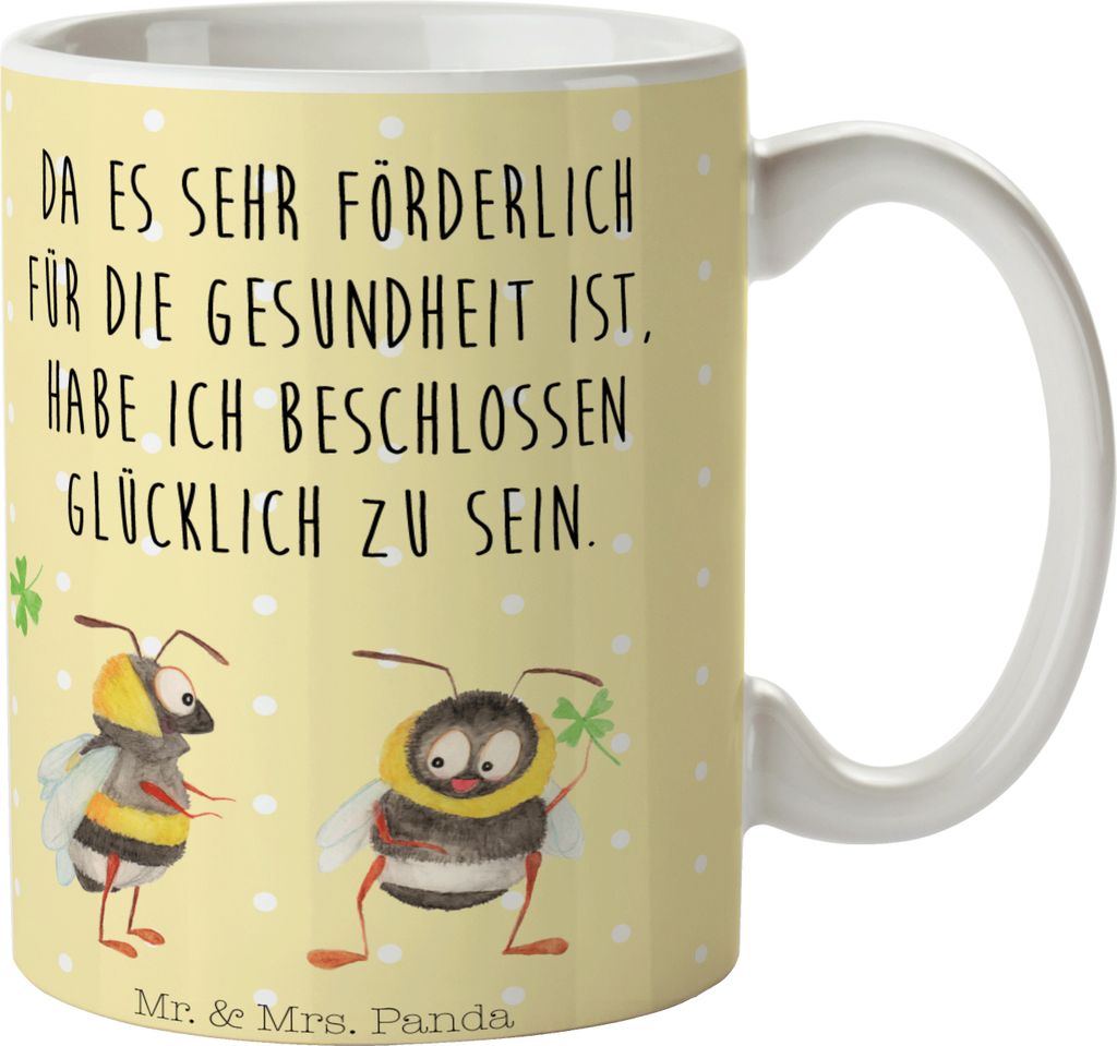 Mr. & Mrs. Panda Pott Hummeln Kleeblatt - Gelb Pastell - Geschenk, Spruch Positiv, glücklich sein, Hummel, Tasse, Kaffeetasse, Trinkbecher, Teepot...