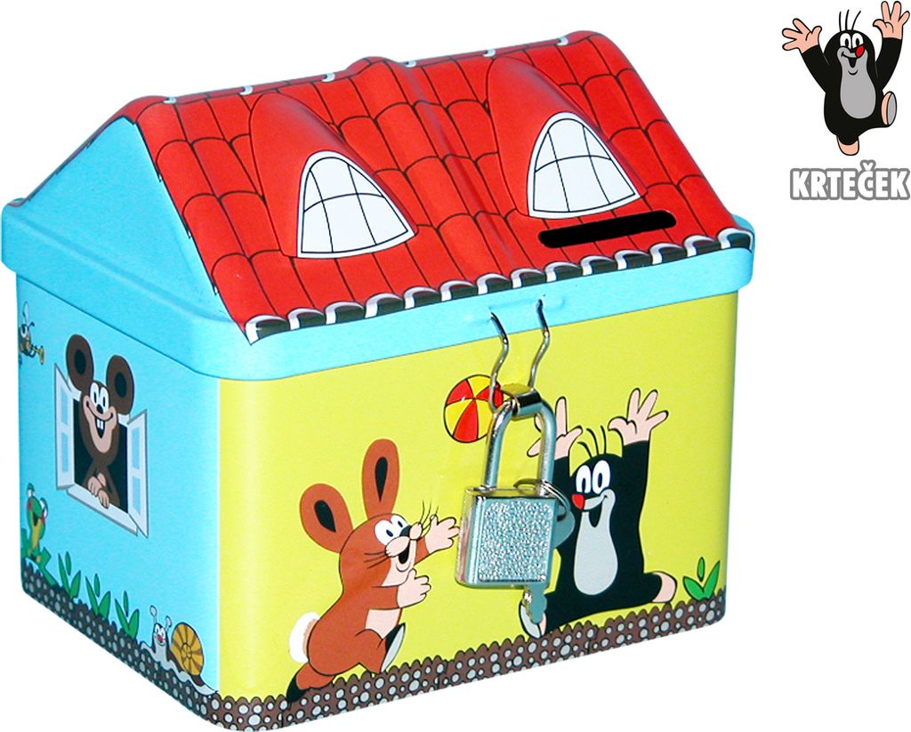 A cartoon-style tin money box shaped like a house, decorated with characters and a padlock.