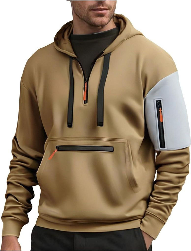 ASKSA Hoodie Herren Pullover Langarm Sweatjacke Kapuzenpullover Farbblock der aermel Sweatshirt,Khaki,M