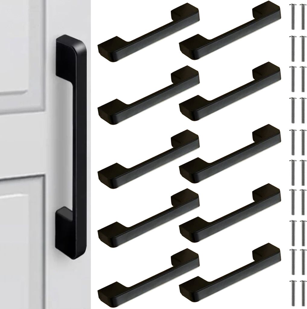 A collection of black cabinet handles and screws arranged on a white background.