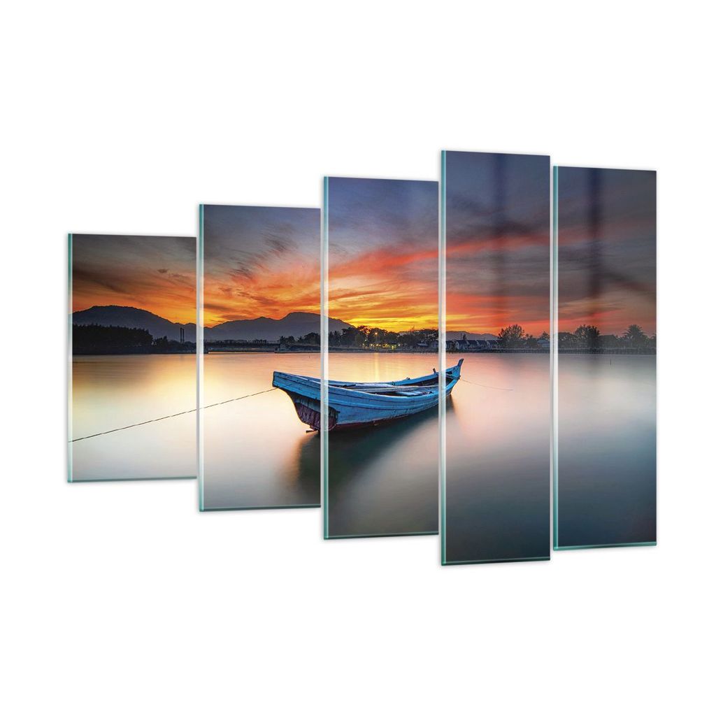 Bilder auf glas - 5 Teile - Westen Sonne Boot - 150x100cm - Glasbilder - Wandbilder - Bilder - zum Aufhängen bereit - Wanddekoration aus Glas - Gl...