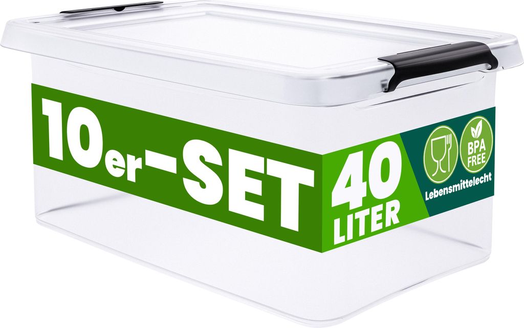 DEUBA 10x Aufbewahrungsbox mit Deckel 40L Box Kunststoff Kisten lebensmittelecht BPA frei Klickverschluss transparent stapelbar Küche Schlafzimmer