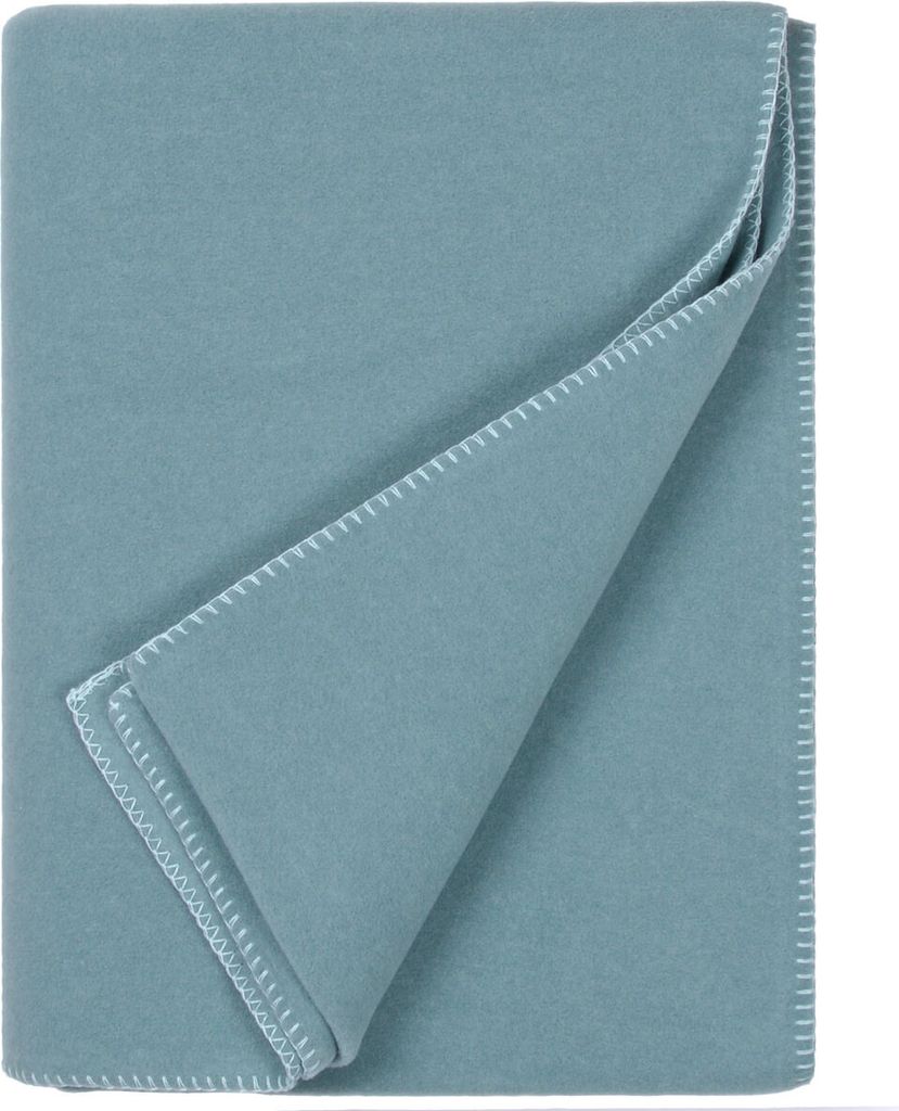 A folded teal fleece blanket with white stitching.