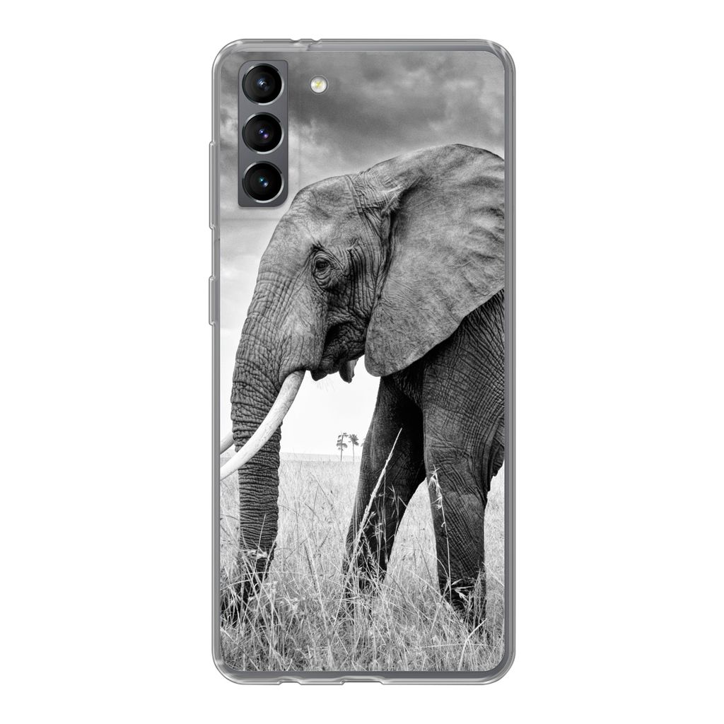 MuchoWow Handyhülle Schutzhülle Hülle für Samsung Galaxy S21 Plus Elefant - Gras - Tiere - Schwarz und weiß Silikon Softcase Handy Hülle - ...