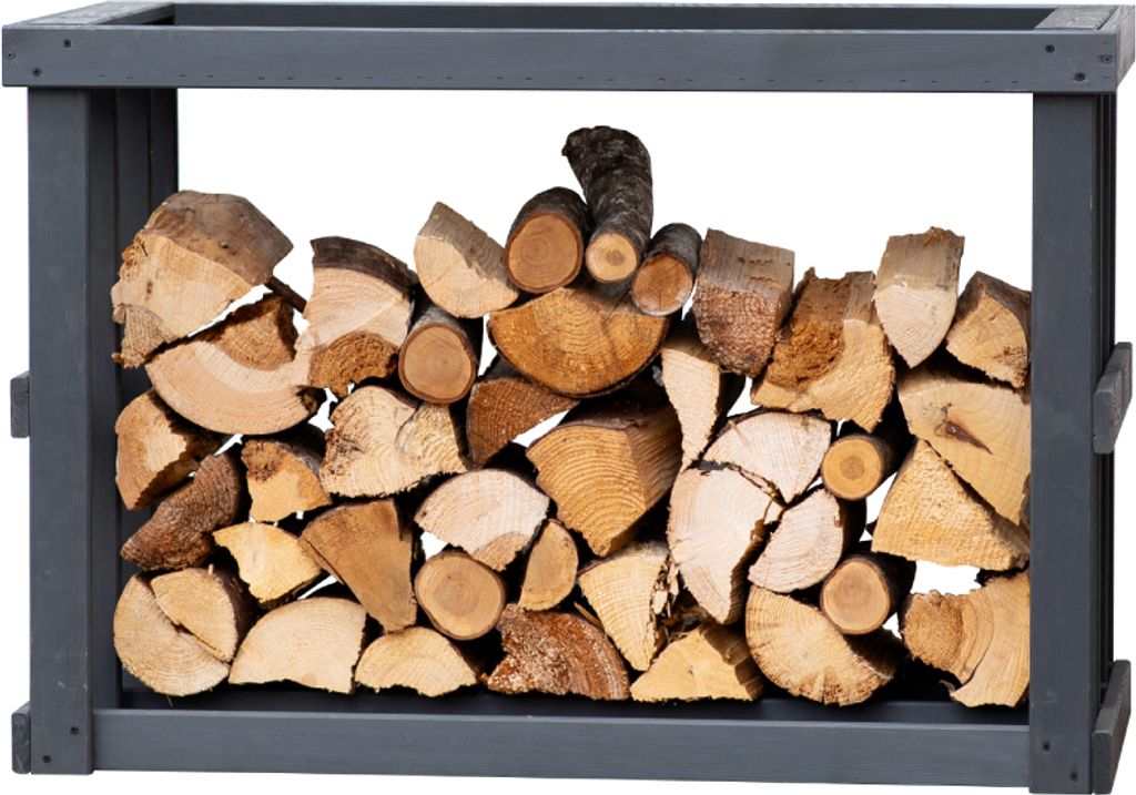 A firewood rack filled with logs, presented against a white background.