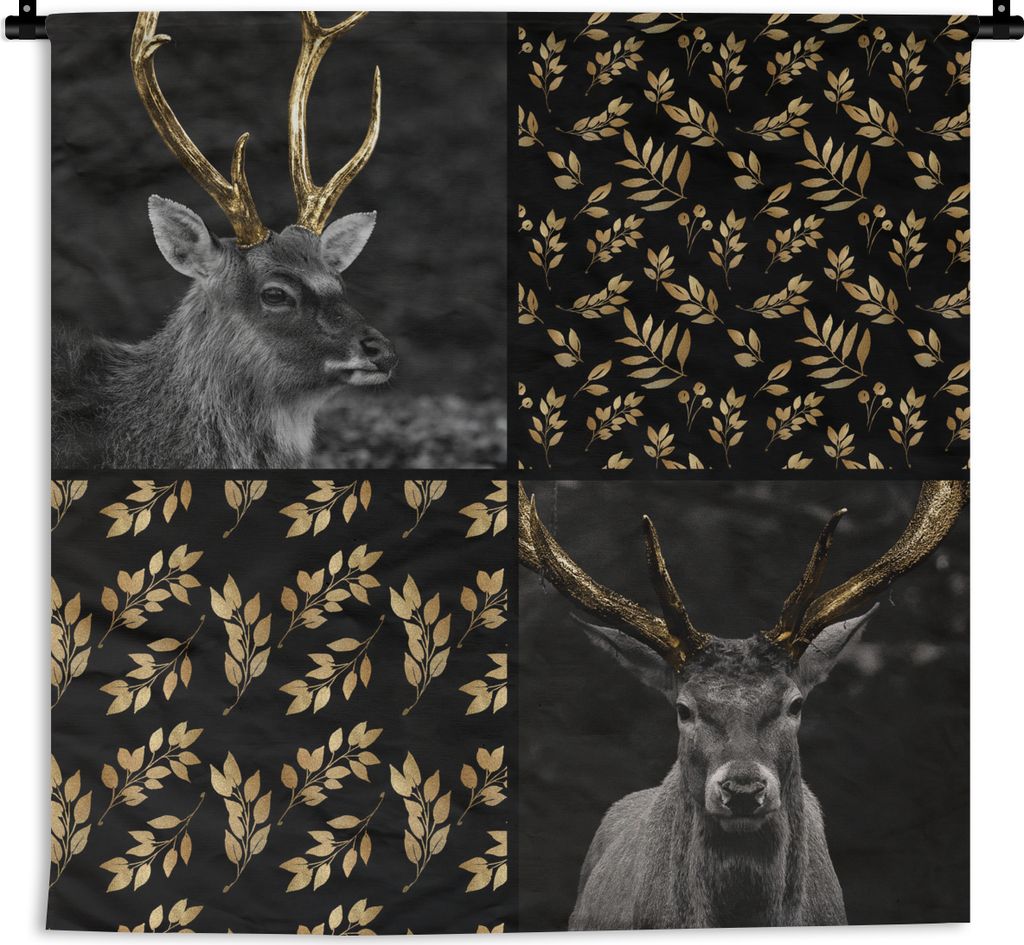 MuchoWow Wandteppich Wandbehang Collage - Tiere - Blätter - Gold 150x150 cm Tapisserie Dekoration Wandtuch - Wohnaccessoires - Modernes