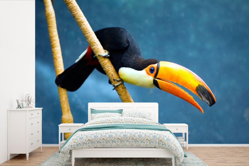 MuchoWow Fototapete für Wohnzimmer oder Schlafzimmer Wandtapete Vinyl Motivtapete Bunter Tukan auf einem dünnen Zweig - 390x260 cm - Papiertapete