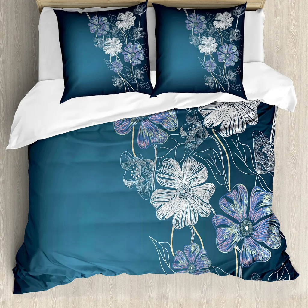 ABAKUHAUS Copripiumino artistico, tema sposa con fiori di ciliegio, antiacaro, adatto a chi soffre di allergie, con federe, 155 cm x 220 cm - 80 x 80 cm, blu petrolio lavanda