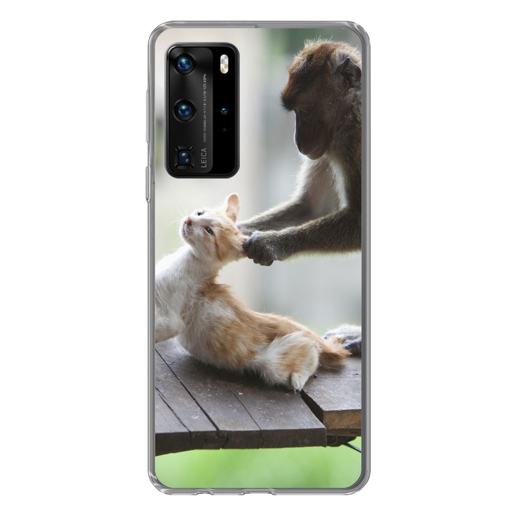 MuchoWow Handyhülle Schutzhülle Hülle für Huawei P40 Pro Katze - Affe - Holz Silikon Softcase Handy Hülle - Schutz