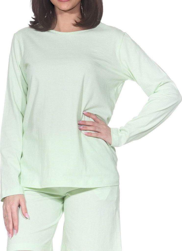 Damen langarm Schlafanzug Oberteil Pyjama Mix & Match – ideal zu kombinieren ; streifen_grün , 36
