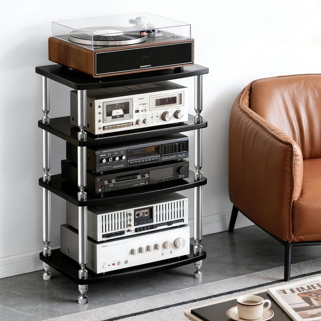 4-Stöckiges HiFi Regal, Massivholz-Audio-Rack, Abstand Verstellbar Phonoschrank Verstärker-Rack Lautsprecherständer Plattenspielerständer, 60×...