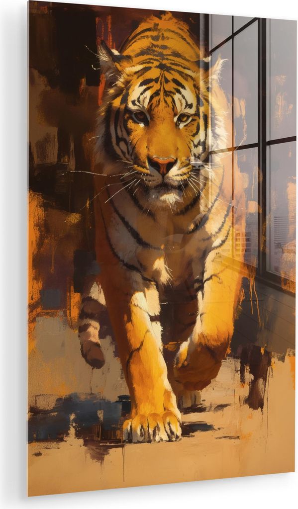 MuchoWow Glasbilder - Bilder auf Wandbild - Foto auf Glas Tiger - Gemalt - Orange - Pinselstriche 60x90 cm Wanddekoration aus Glas - Acrylglasbild ...