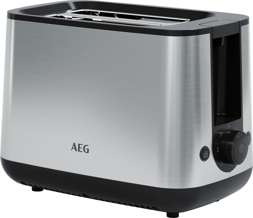A studio shot of a silver and black AEG toaster on a white background.