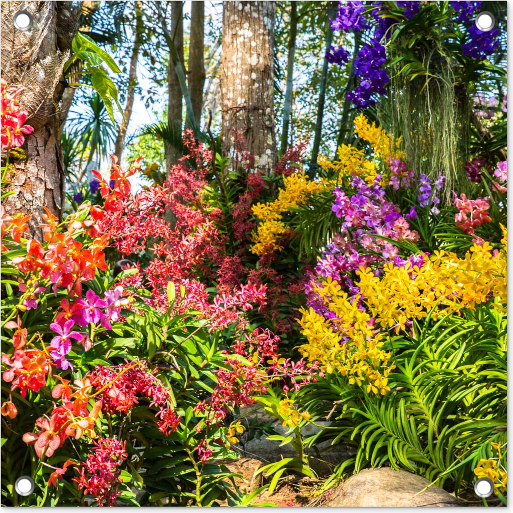 MuchoWow 50x50 cm Outdoor-Poster Gartendeko Sichtschutz Garten Poster für den Garten Blumen - Regenbogen - Wald - Jahreszeiten