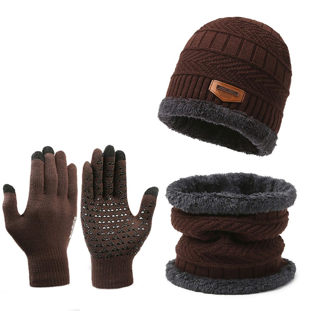 Herren Mütze, Schal & Handschuh-Set In Burgunder – Aus Baumwolle, Einheitsgröße