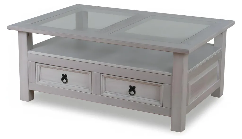 Table basse grise anti-désordre avec 2 tiroirs pour un salon rangé