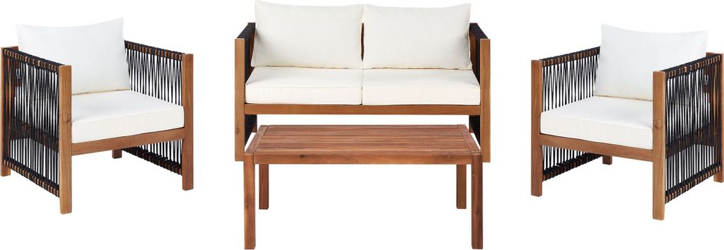 BELIANI Lounge Set Schwarz Akazienholz und Flechtseil 4-teilig für 4 Personen mit Kissen Stoff 2-Sitzer Sofa 2 Sessel und Couchtisch Outdoor Terrasse