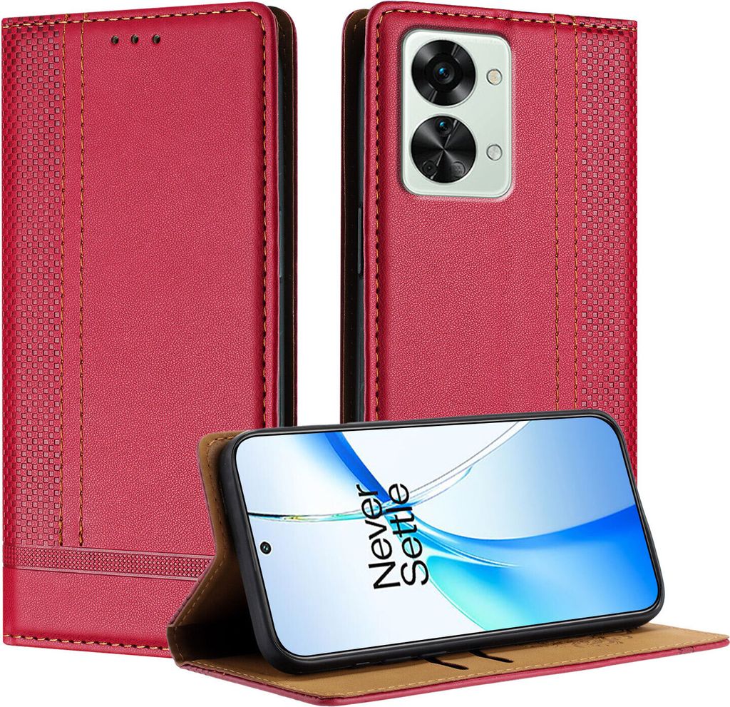 Handyhülle für OnePlus Nord 2T Leder Flip Klappbare Schutzhülle mit Standfunktion Rot