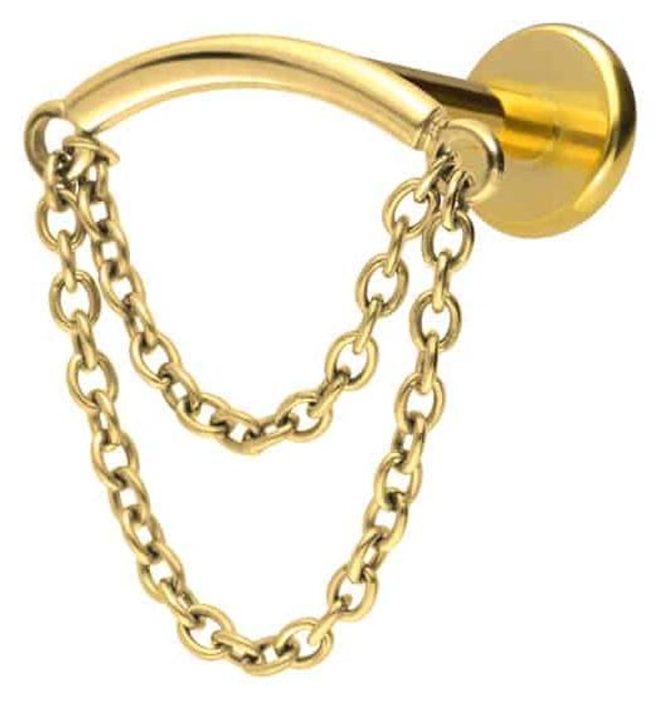 Ohrpiercing, Nasenpiercing Titan Labret mit Innengewinde BOGEN + 2 KETTEN Gold Stablänge: 5mm | Stabstärke: 1,2mm