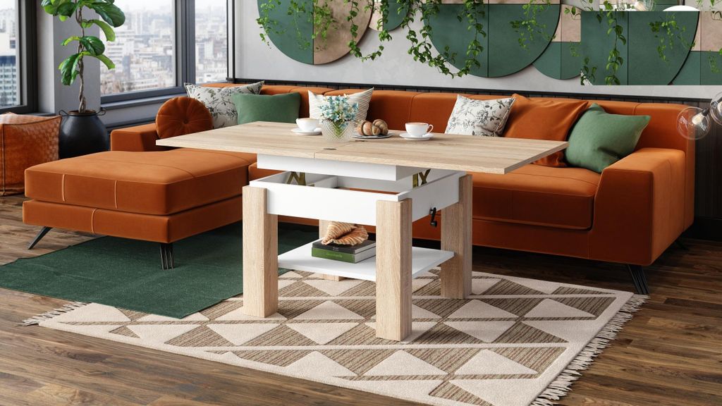 Design Couchtisch Tisch Cleo stufenlos höhenverstellbar 57 - 69cm aufklappbar 75 / 150cm Esstisch