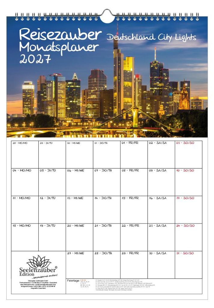 Reisezauber Deutschland City Lights Planer DIN A3 Kalender für 2027 Nächtliche Städte - Geschenkset Inhalt: 1x Kalender, 1x Weihnachtsanhänger ...