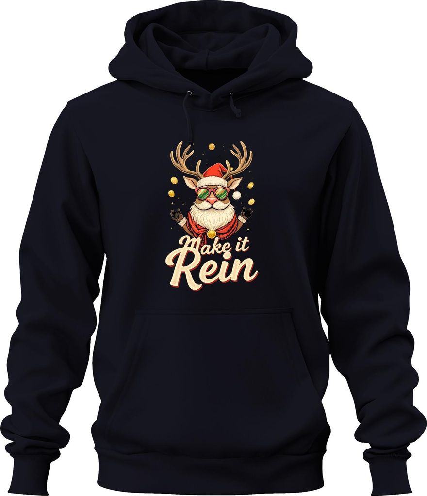 Make it Rein Weihnachtsrentier Sonnenbrille Bart lustig Retro Uni Hoodie Kapuzenpullover, Navy, L