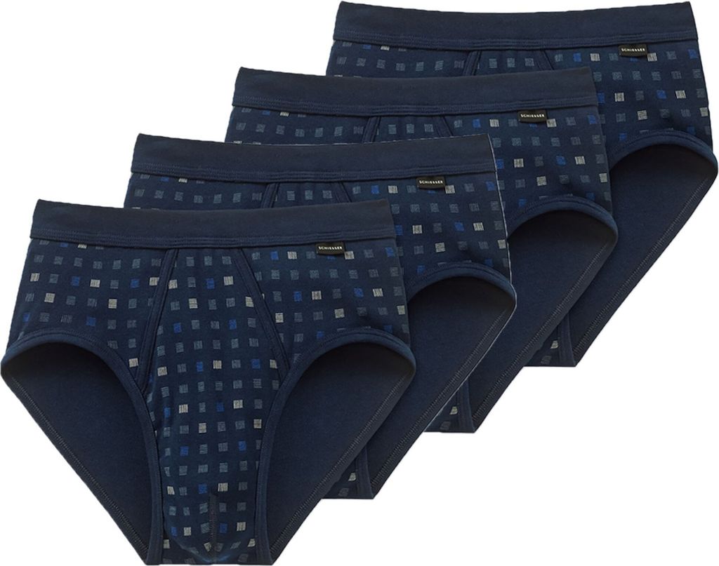 SCHIESSER Herren Slip 4 PACK - Sportslip, Essentials Feinripp, Karo-Print, S-XXL Marine 3XL (3X-Large)
