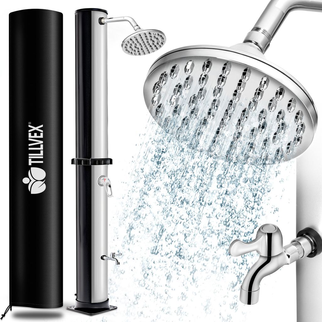 A solar shower and its protective cover are displayed against a white background, with water spraying from the shower head.
