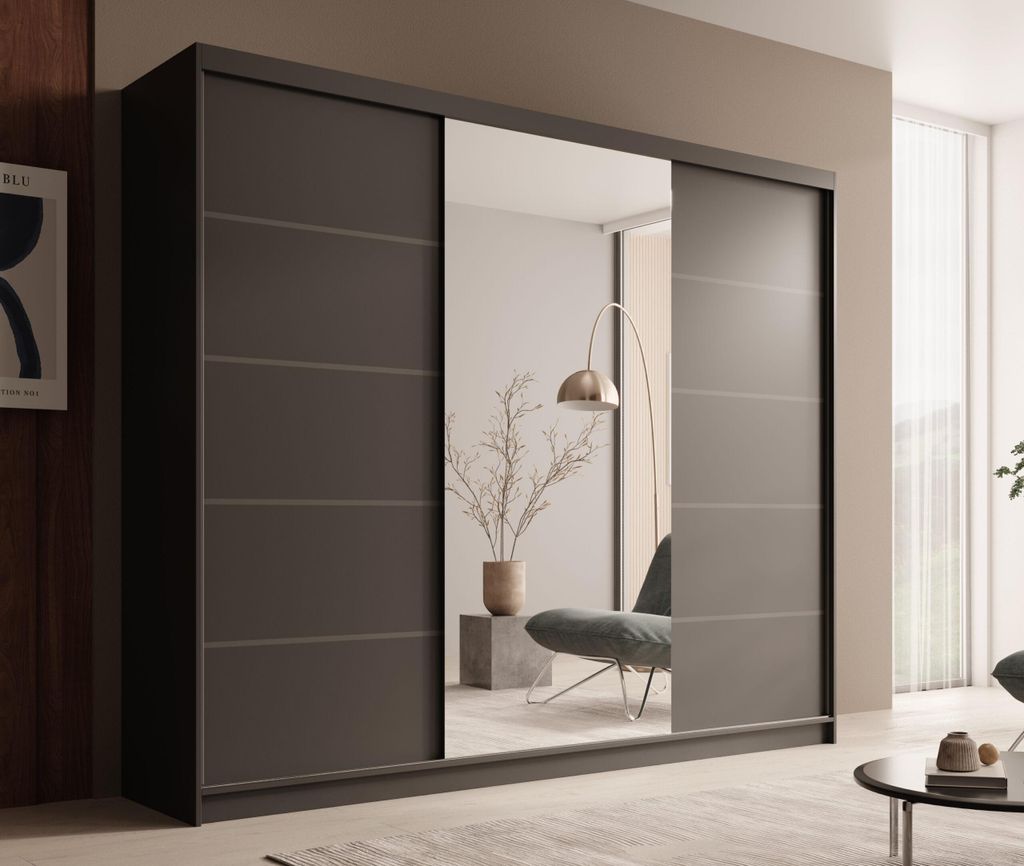 Schrank mit Spiegel mit dekorativen Sprossen – moderner Kleiderschrank - Schiebetürenschrank Tivora 250 – Schwarz