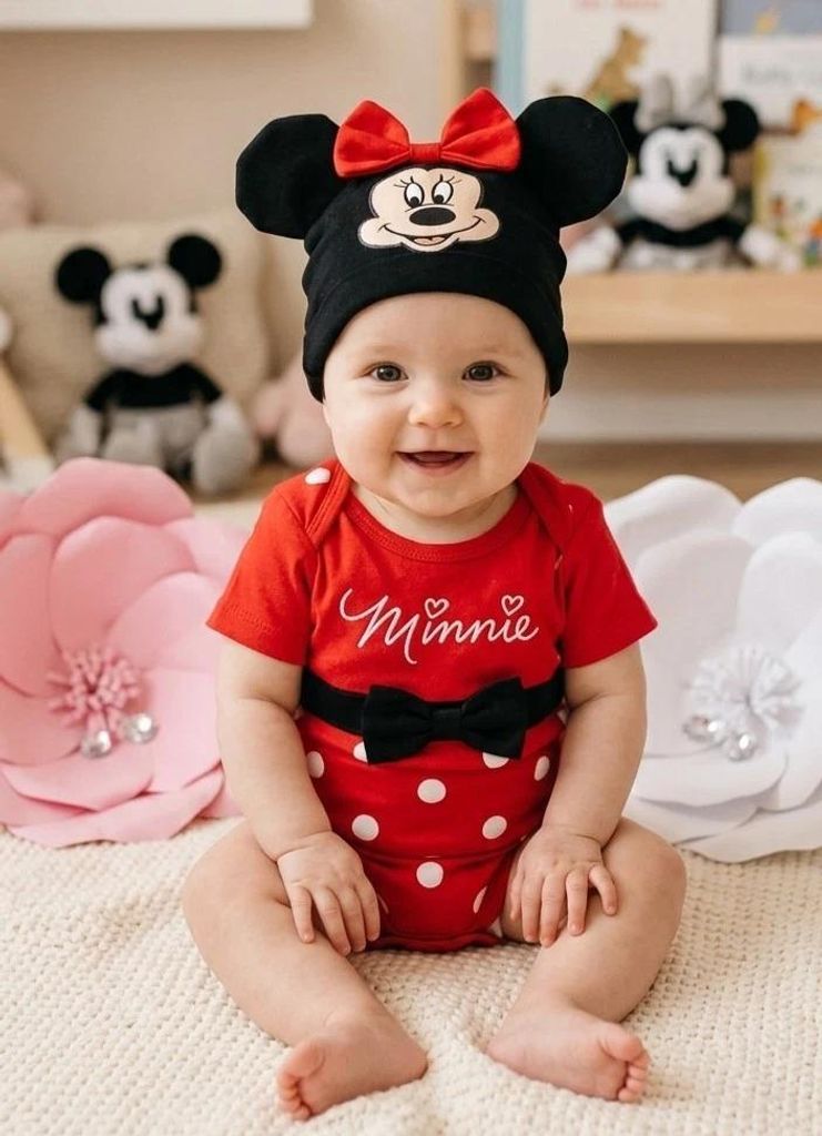 Disney Minnie Mouse Baby Set Gr. 86 92 18-24 Monate Mädchen Body Mütze Rot Geschenk Outfit