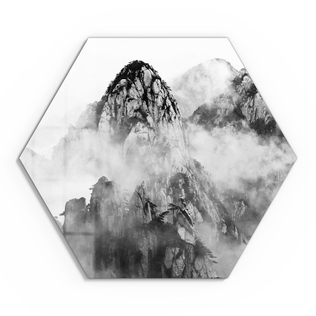 DEQORI Glasbild Echtglas 40x35 cm 'Huangshan im Nebel' Wandbild Bild modern Deko