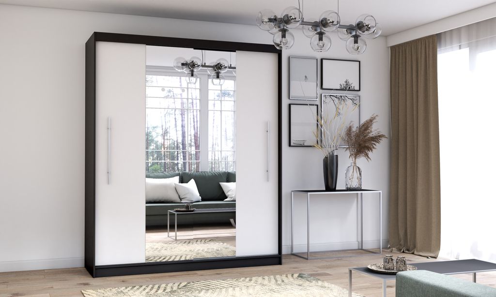 Schwebetürenschrank Kleiderschrank Schrank 204cm Schwarz/Weiß mit zwei Spiegeln und LED Beleuchtung Torino