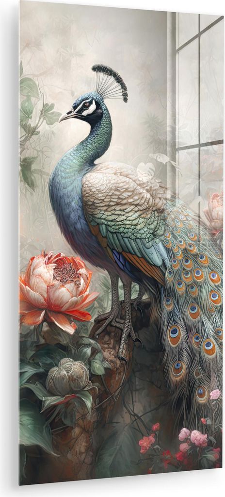 MuchoWow Glasbilder - Bilder auf Wandbild - Foto auf Glas Pfau - Pfauenfedern - Vogel - Dschungel - Blumen 40x80 cm Wanddekoration aus Glas - Acryl...
