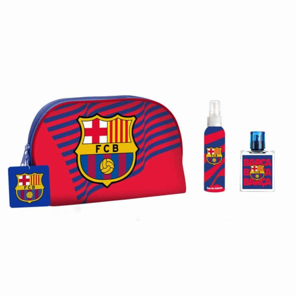 A set of FC Barcelona branded toiletries including a cosmetic bag, a spray bottle, and a perfume bottle, displayed against a white background.