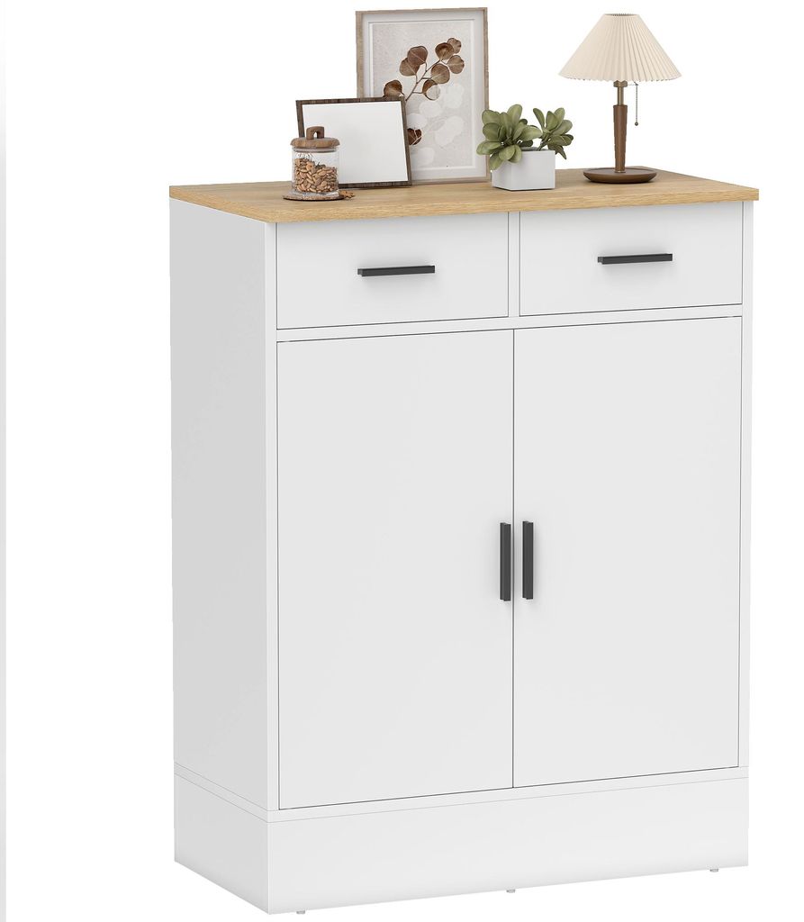 Sideboard mit Stauraum, Kommode mit 2 Schubladen, verstellbares Regal, für Küche, Wohnzimmer, Flur, Naturholz, Weiß, 68,6x35,0x90,3 cm