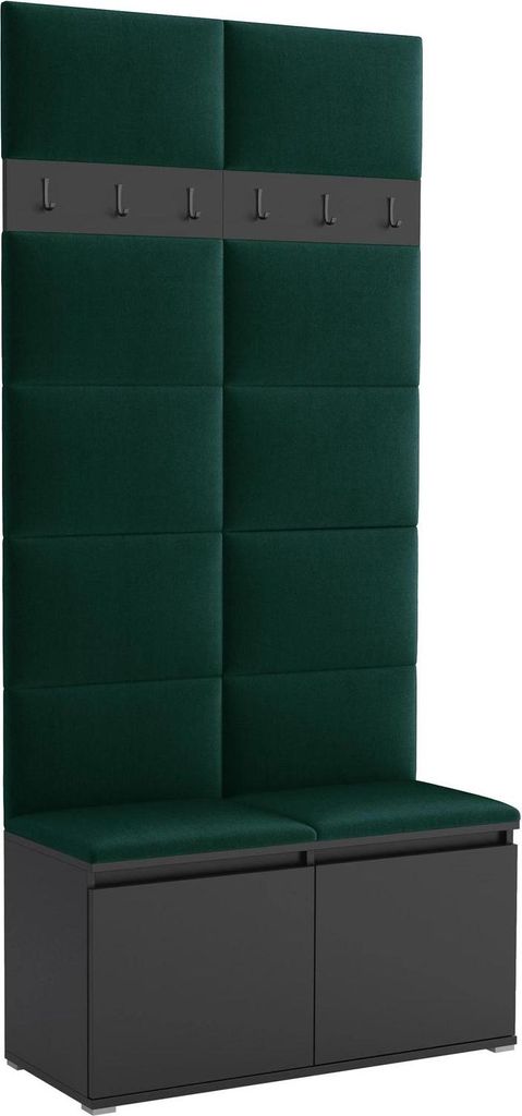 Garderoben-Set Noris I, gepolsterte Garderobe 100 cm mit Sitzbank, Wandpaneelen und Haken (Farbe:Schwarz + Trinity 28)