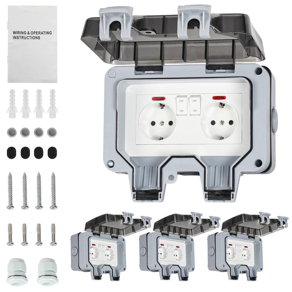Ikodm 4X Außensteckdose Gartensteckdose Outdoor Steckdose IP66 16A Wasserdicht Staubdicht Wandsteckdose 2 Loch mit Schalter