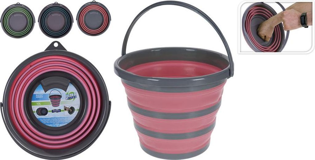 Collage of foldable buckets in different colors and a close-up of one bucket being folded.