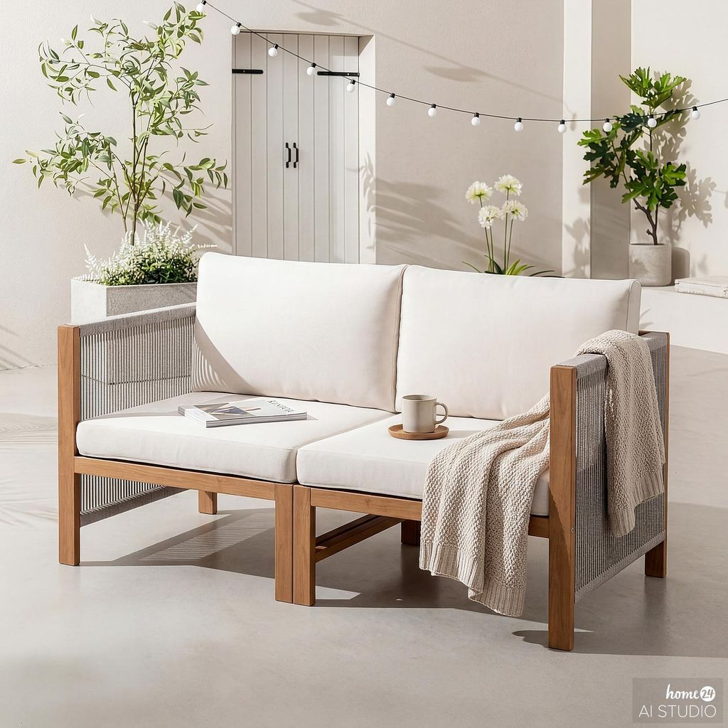 home24 Loungeset - 2-teilig - Akazie Massiv / Polyester - Braun / Beige