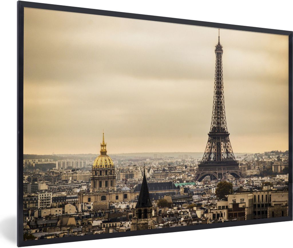 MuchoWow Gerahmtes Poster Dichte Wolken über Paris und dem Eiffelturm 90x60 cm - Poster mit Schwarzem Bilderrahmen Wandposter Rahmen Foto Bilder...