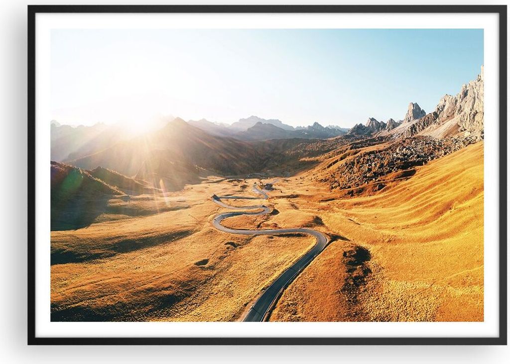 Gerahmtes Poster - Schwarzer Rahmen - Sonne Berge Weg - 100x70 cm - Wand Bild - Wanddeko - Wandbilder - Kunstposter - Wandposter - Bilderrahmen - B...